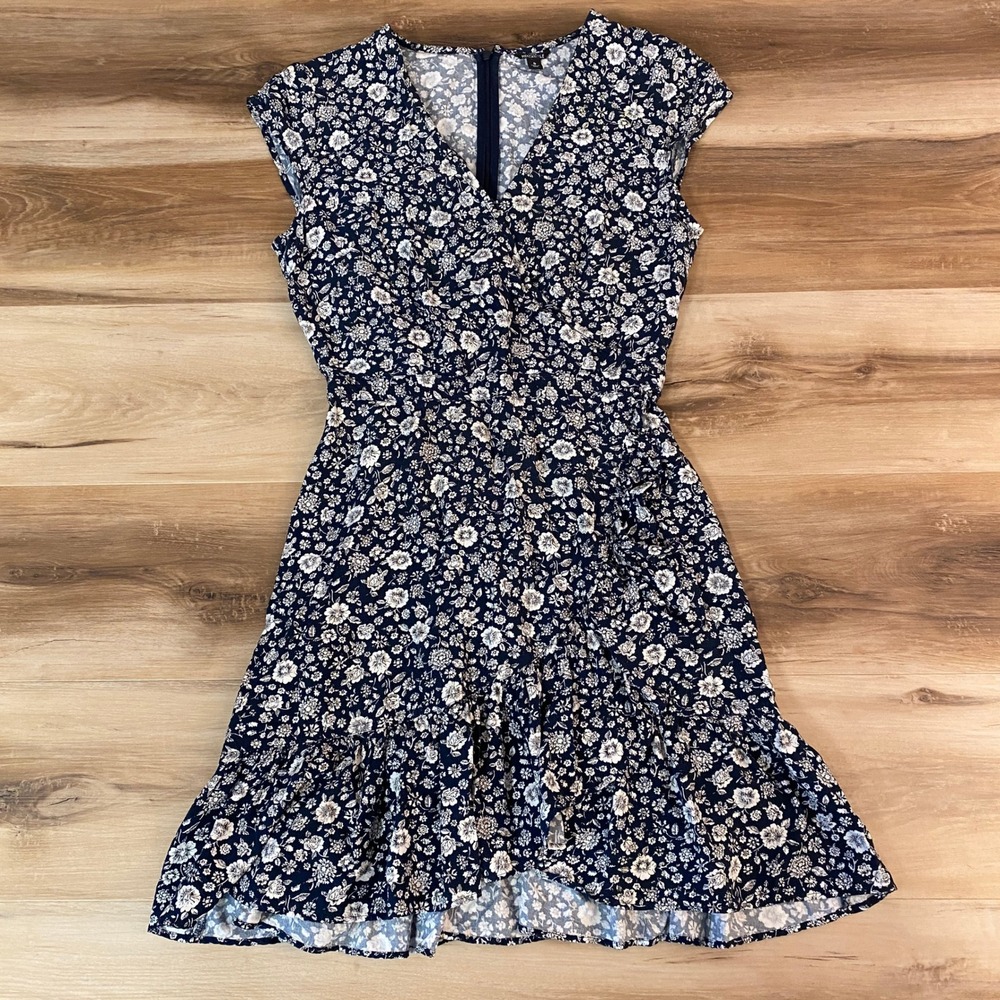 J Crew Mercantile Navy Floral Print V Neck Cap Sleeve Ruffle Hem‎ Dress Size 0